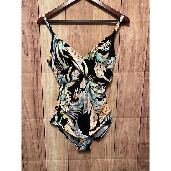 Jantzen 10 One-Piece NWT Black Tropical Swimsuit V-Neck slimming floral - Picture 1 of 9